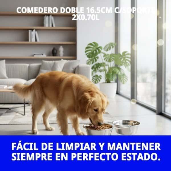 Comedero doble para perros con soporte y capacidad de 0.70L, fácil de limpiar y mantener. Perfecto para mascotas.