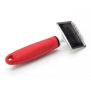 Cepillo metálico para perros y gatos pequeños, ideal para eliminar pelaje suelto y enredos con suavidad.
