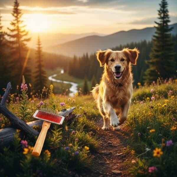 Perro feliz corriendo en campo con flores y paisaje montañoso al atardecerseo.