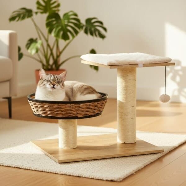 rascador mimbre y madera mod.tokyo con descanso 48x39x51cm