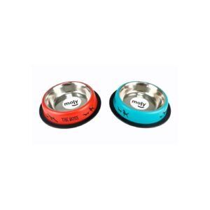 Tazón de acero inoxidable con base antideslizante para perros y gatos, resistente y fácil de limpiar.