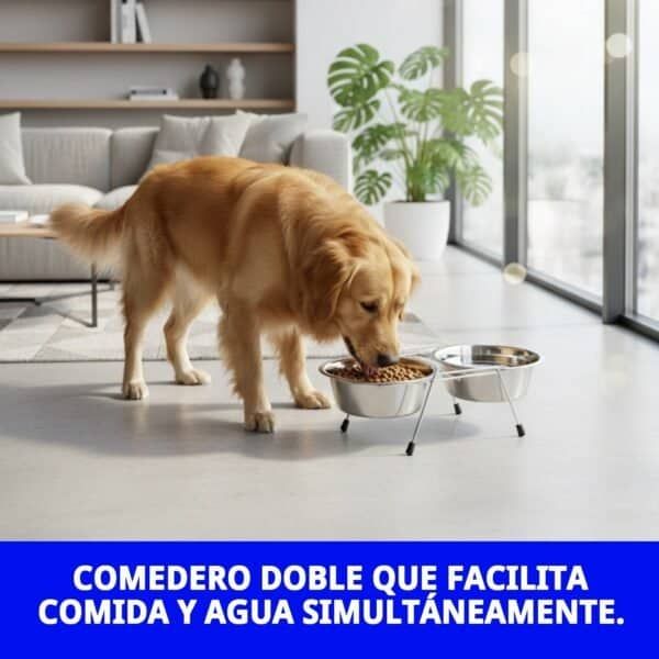 Comedero doble para perros con soporte y capacidad de 0.70L cada uno, ideal para facilitar la alimentación y agua de tu mascota.