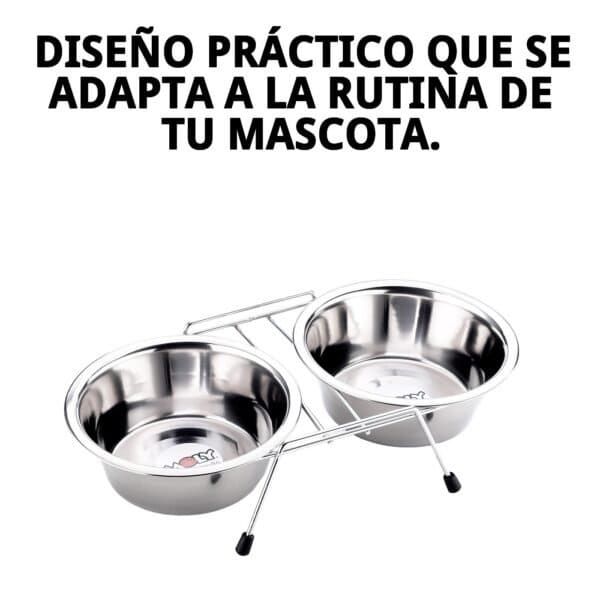 Comedero doble para perros y gatos, con soporte y capacidad de 0.70L cada uno. Ideal para alimentación práctica y duradera.
