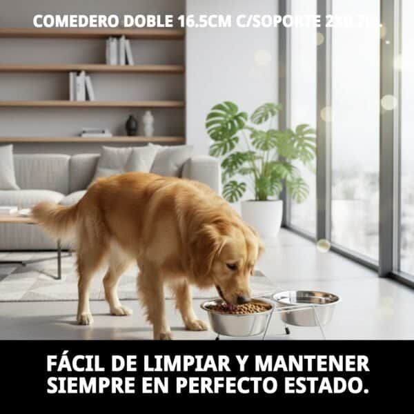 Comedero doble para perros con soporte, fácil de limpiar y mantener, ideal para mascotas.
