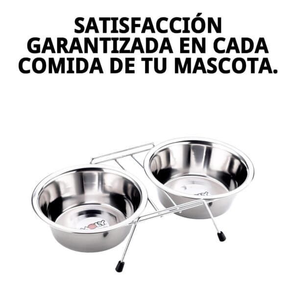 Dual comedero para mascotas, acero inoxidable con soporte y capacidad 2x0.70L.