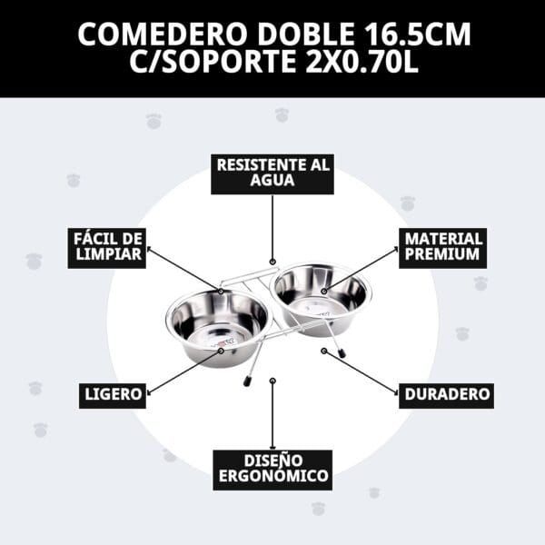 Comedero para mascotas doble 16.5cm con soporte y capacidad de 2x0.70L, resistente, fácil de limpiar y duradero.