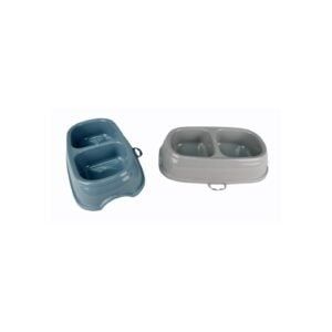 Comedero doble para perros y gatos, 28x17x6 cm, material resistente y fácil de limpiar.