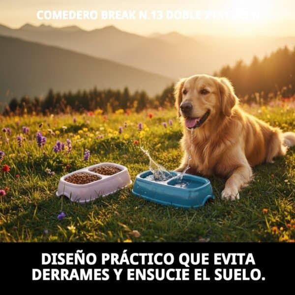 Comedero doble para perros, resistente y práctico, ideal para evitar derrames y mantener limpio el suelo. Perfecto para mascotas activas.