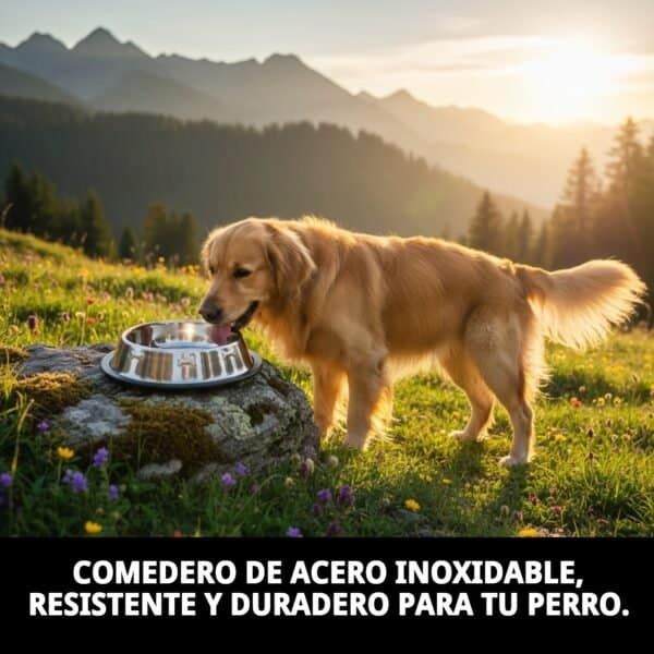 Comedero de acero inoxidable para perros, resistente y duradero, ideal para comida y agua.