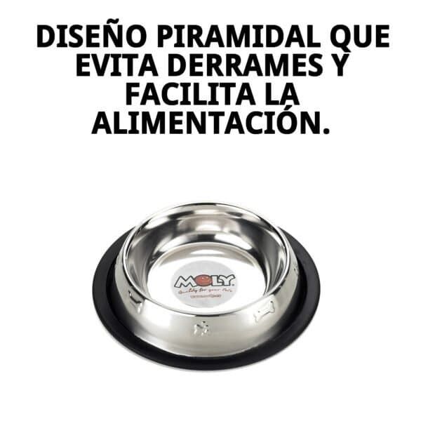 Comedero para mascotas de acero con diseño pirámide y base antideslizante. Ideal para perros y gatos, fácil de limpiar y duradero.