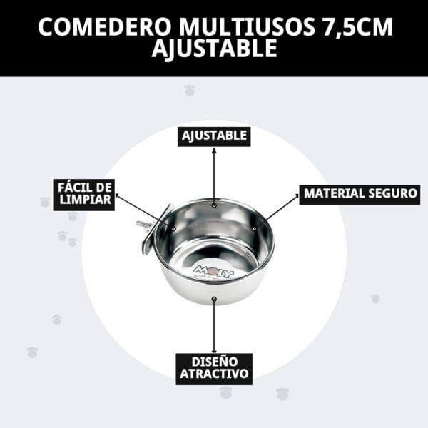 Comedero ajustable para mascotas, ideal para comida y agua, fácil de limpiar y con material seguro.