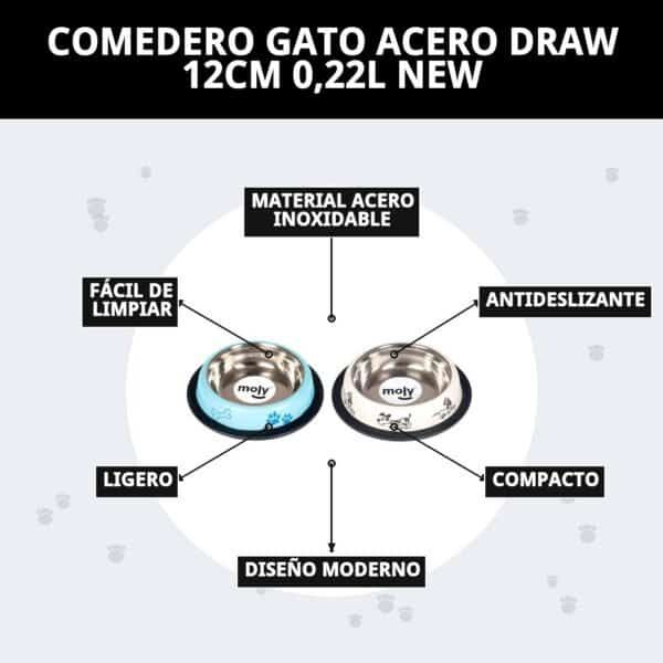 Comedero gato acero inoxidable, 12cm, 0.22L, fácil de limpiar y anti-deslizante.