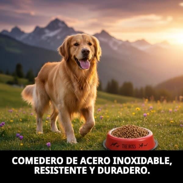 Comedero de acero inoxidable resistente para perros, ideal para alimentación duradera y segura.