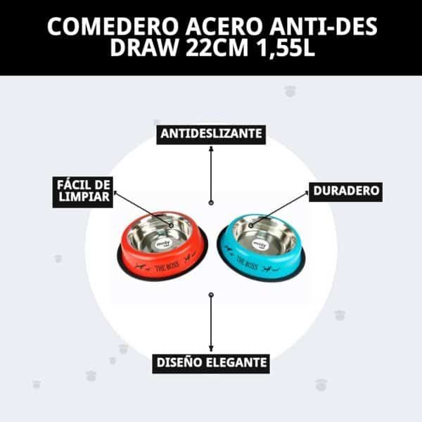 Comedero anti-desliza con acero inoxidable de 22cm y 1,55L, duradero y fácil de limpiar. Ideal para mascotas.