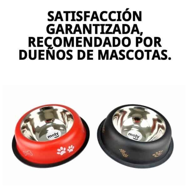 Comedero para mascotas en acero inoxidable, resistente y anti-desbordes, disponible en colores rojo y negro.