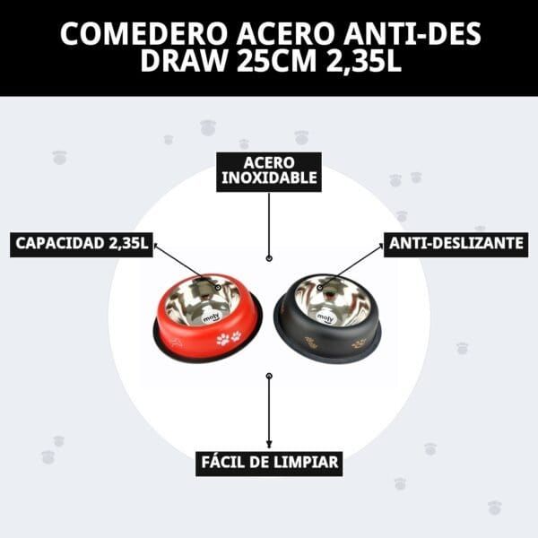 Recipiente para mascotas en acero inoxidable anti-deslizante, fácil de limpiar y con capacidad de 2,35L. Ideal para perros y gatos.