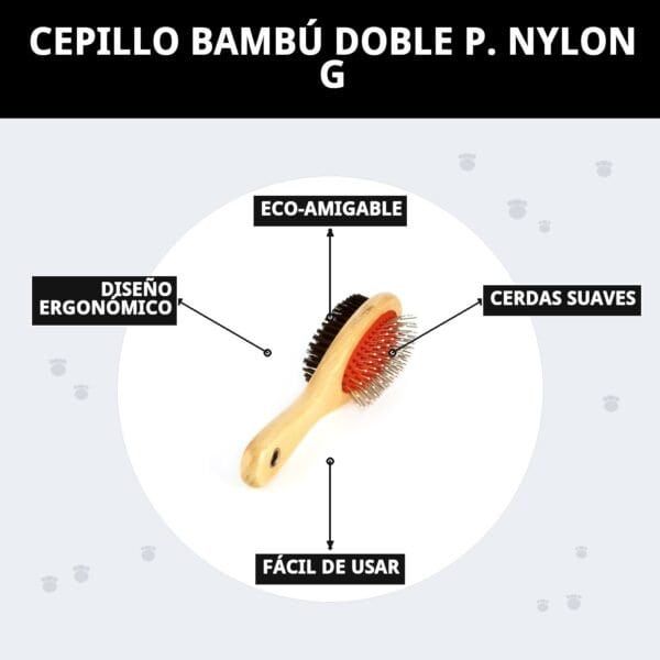 Cepillo ecológico de bambú con púas de nylon para cabello medio y largo. Suave, eficiente y fácil de usar.