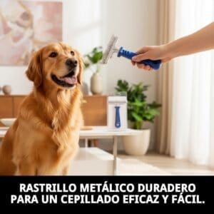 Rastrillo metálico para mascotas, elimina subpelo sin dañar el manto, fácil y eficaz.