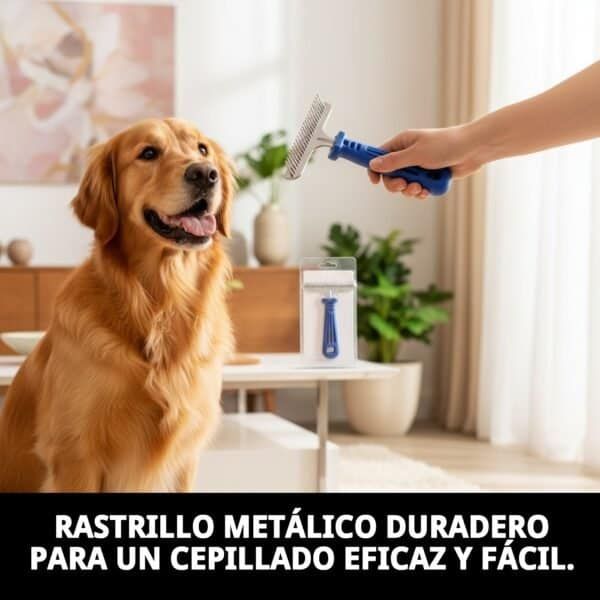 Rastrillo metálico para mascotas, elimina subpelo sin dañar el manto, fácil y eficaz.