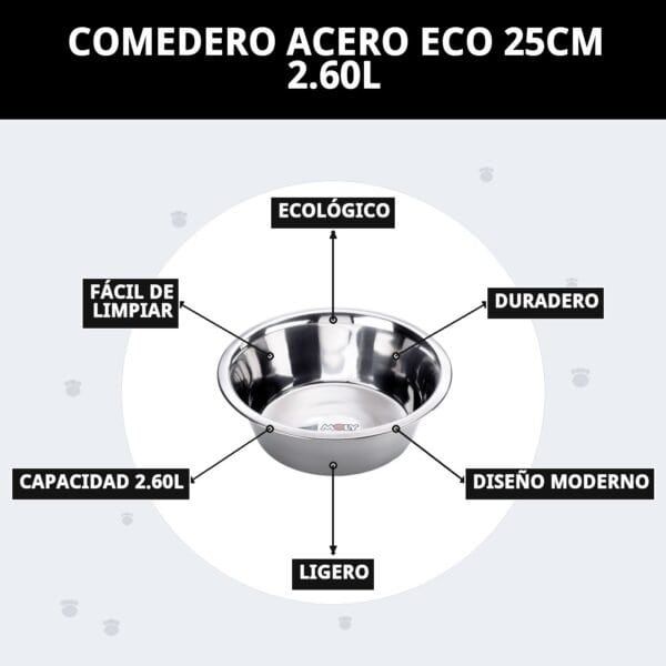 Comedero de acero inoxidable resistente, ecológico y fácil de limpiar, ideal para mascotas.