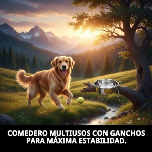 Comedero multiherramientas con ganchos, ideal para mascotas y uso exterior.