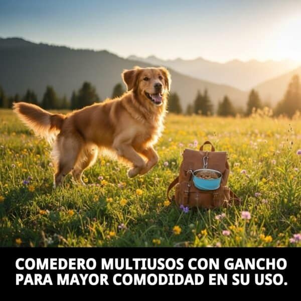 Comedero multiusos con gancho, ideal para perros y gatos, fácil de transportar.