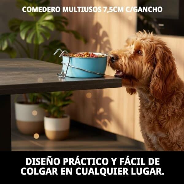 Comedero multiusos para mascotas con gancho, fácil de colgar y limpiar. Ideal para perros y gatos en casa o de viaje.