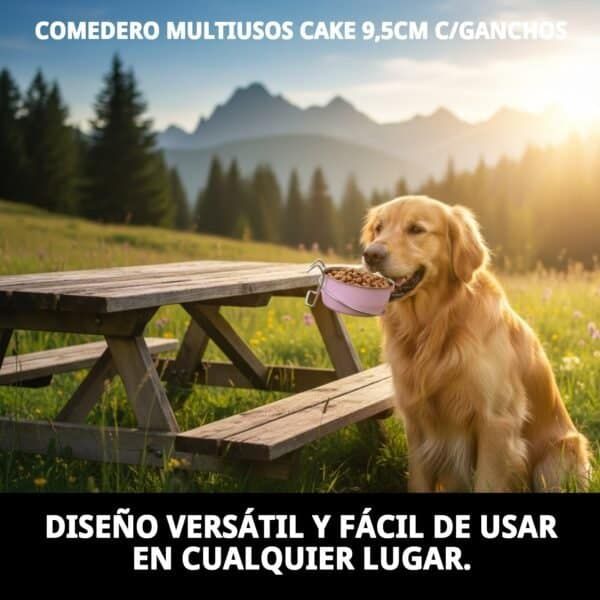 Comedero multiusos para perros, con ganchos y diseño versátil, ideal para uso en exteriores y en casa.