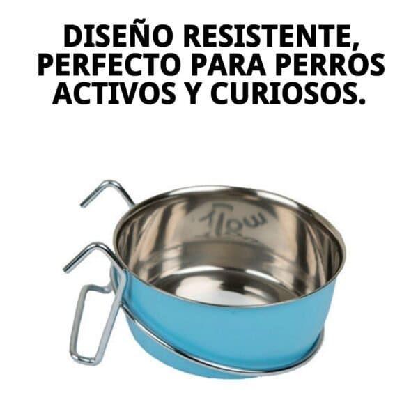 Comedero multiusos para perros con ganchos, resistente y duradero, ideal para mascotas activas y curiosas.