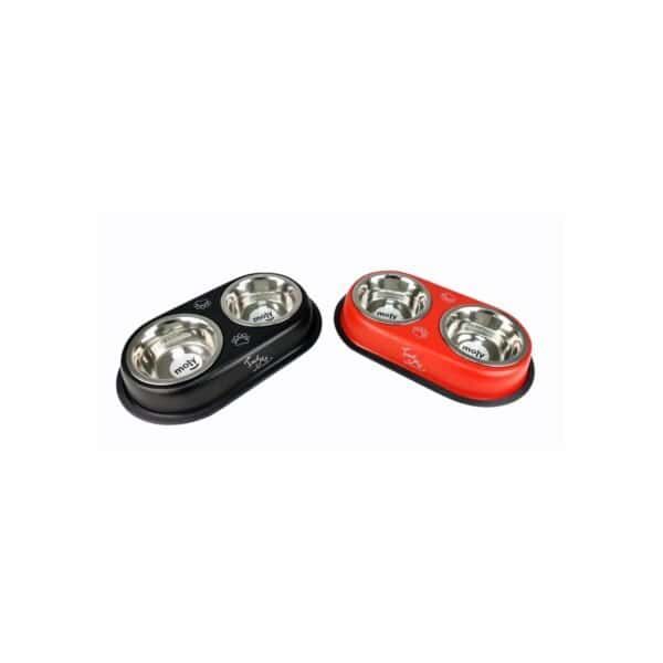 Comedero doble para perros y gatos, 13.5 cm, 2 x 0.60L, fácil de limpiar y resistente.