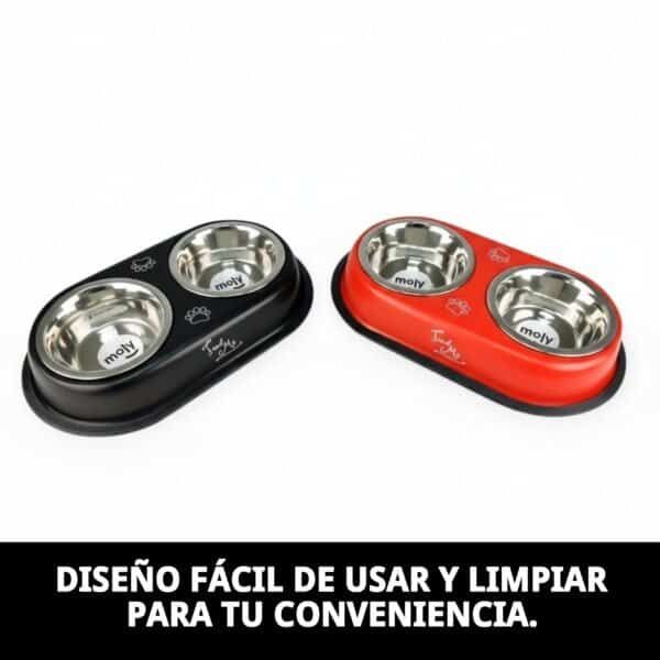 Accesorio para mascotas con doble cuenco, ideal para comida o agua. Diseño práctico y fácil de limpiar.