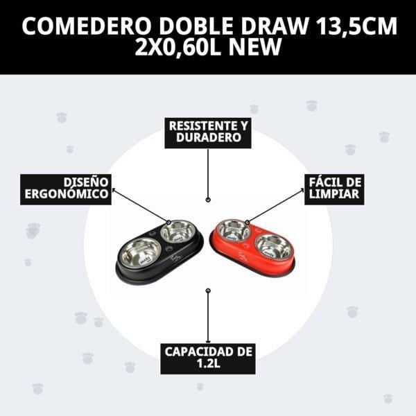Comedero doble para mascotas, resistente, fácil de limpiar y con capacidad de 1.2L por plato.
