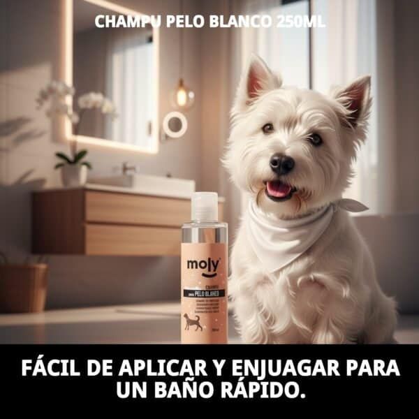 Champú para pelo blanco de mascotas, ilumina, desamarilla y realza el brillo del pelaje claro.