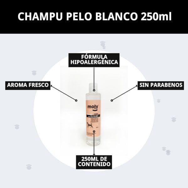 Suave y efectivo para pelo blanco, ilumina y realza el brillo de pelajes claros, sin parabenos ni alérgenos.