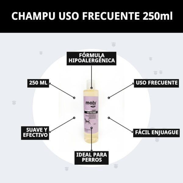 Champú para perros uso diario 250 ml, suave, hipoalergénico y fácil de enjuagar, ideal para todo tipo de perros.