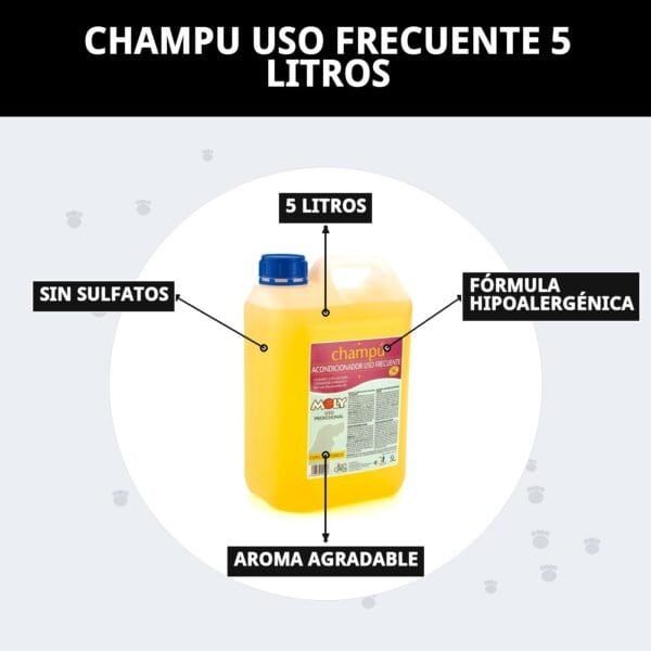 Champú frecuente para cabello, sin sulfatos, fórmula hipoalergénica, aroma agradable y 5 litros. Limpieza diaria suave para todo tipo de pelos.