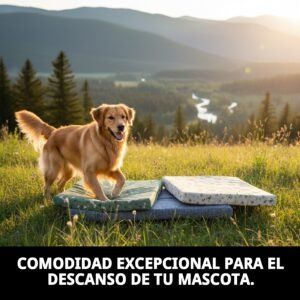 Cama de perro en el campo con vista a montañas y río, ideal para mascotas.