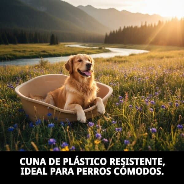 Cuna plástico resistente para perros cómodos, ideal para paseos y descanso al aire libre.