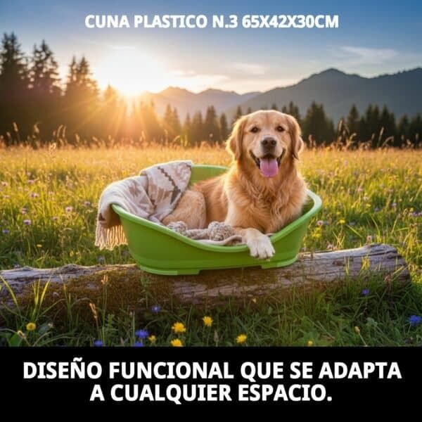 Cuna de plástico para perros en color verde, resistente y ligera, ideal para mascotas.