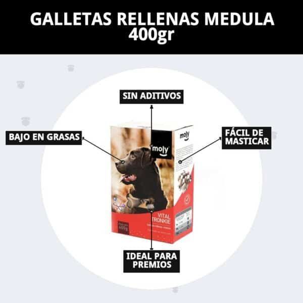 Galletas rellenas medula 400g, sin aditivos, bajas en grasa y fáciles de masticar, ideales para premios caninos en TodoMASKOTAS.