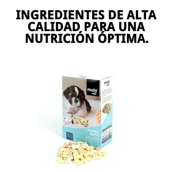 Alt: Galletas Puppy 400g Moly, snack saludable y nutritivo para perros jóvenes.