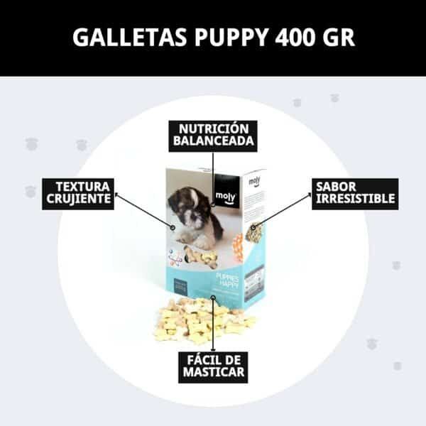 Galletas puppy para cachorros, sabor irresistible, fácil de masticar y textura crujiente, 400g.