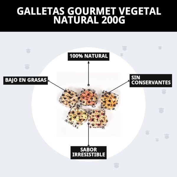 Galletas gourmet vegetales naturales para perros, sin conservantes, bajo en grasa y sabor irresistible.