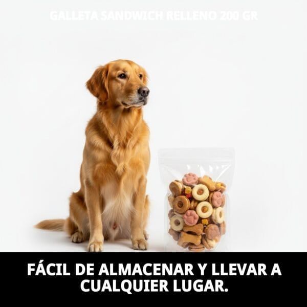 Galletas sandwich para perros de 200g, crujientes y sabrosas, fáciles de almacenar y llevar.