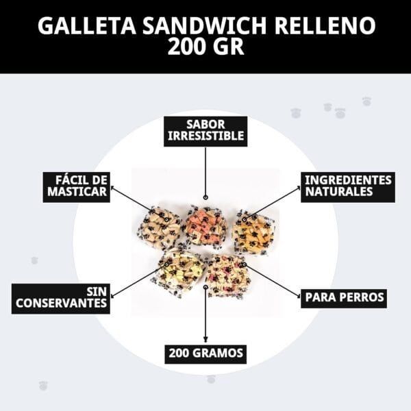 Galletas sandwich rellenas para perros, fáciles de masticar, ingredientes naturales, sin conservantes, 200g.