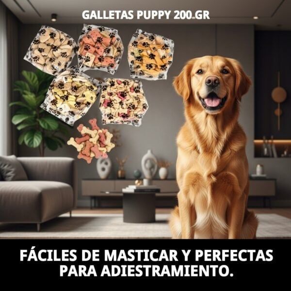 Galletas suaves y nutritivas para cachorros en diferentes sabores, ideales para entrenamiento y masticación.