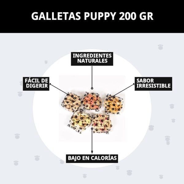 Galletas suaves y nutritivas para cachorros, hechas con ingredientes naturales y bajo en calorías. Sabor irresistible y fácil de digerir.
