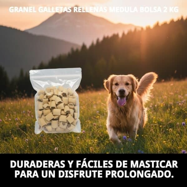 Galletas rellenas de médula para perros, crujientes y nutritivas, en bolsa de 2 kg. Snack duradero y fácil de masticar.