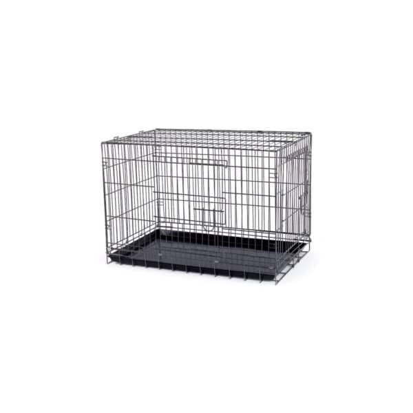 Jaula metálica resistente y plegable para perros grandes, segura y fácil de transportar. Ideal para entrenamiento y descanso.