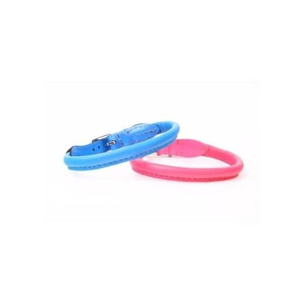 Collar piel para perros en colores rojo y azul, resistente y cómodo, ideal para mascotas de tamaño mediano.